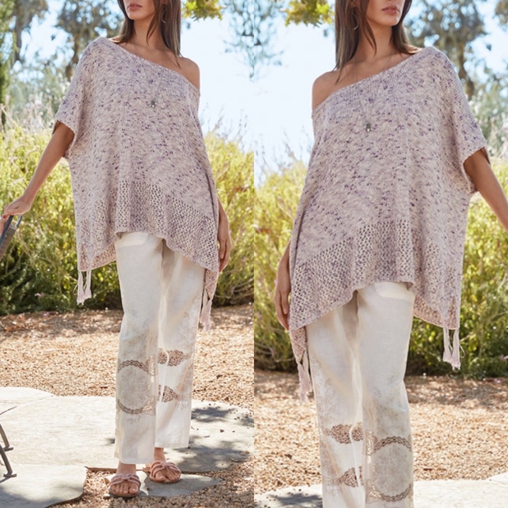 πΎ JOHNNY WAS BOHO KNIT CREAM PURPLE LOOSE FIT PONCHO WITH TASSELS! - Picture 13 of 13